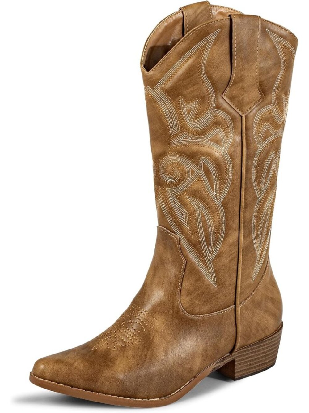 Women's Mid Wide Calf Snip Toe Cowgirl Boot Chunky Heel Tan Western Shoes
